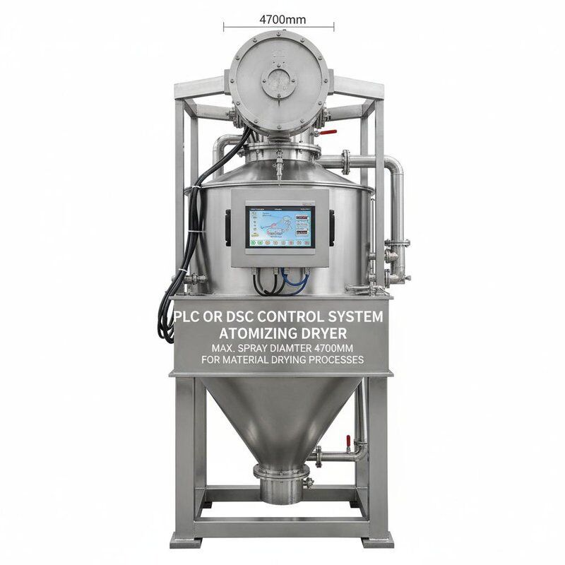 পিএলসি বা ডিএসসি কন্ট্রোল সিস্টেম এটমাইজিং ড্রায়ার সর্বাধিক স্প্রে ব্যাসার্ধ 4700 মিমি সহ উপাদান শুকানোর প্রক্রিয়াগুলির জন্য ডিজাইন করা হয়েছে